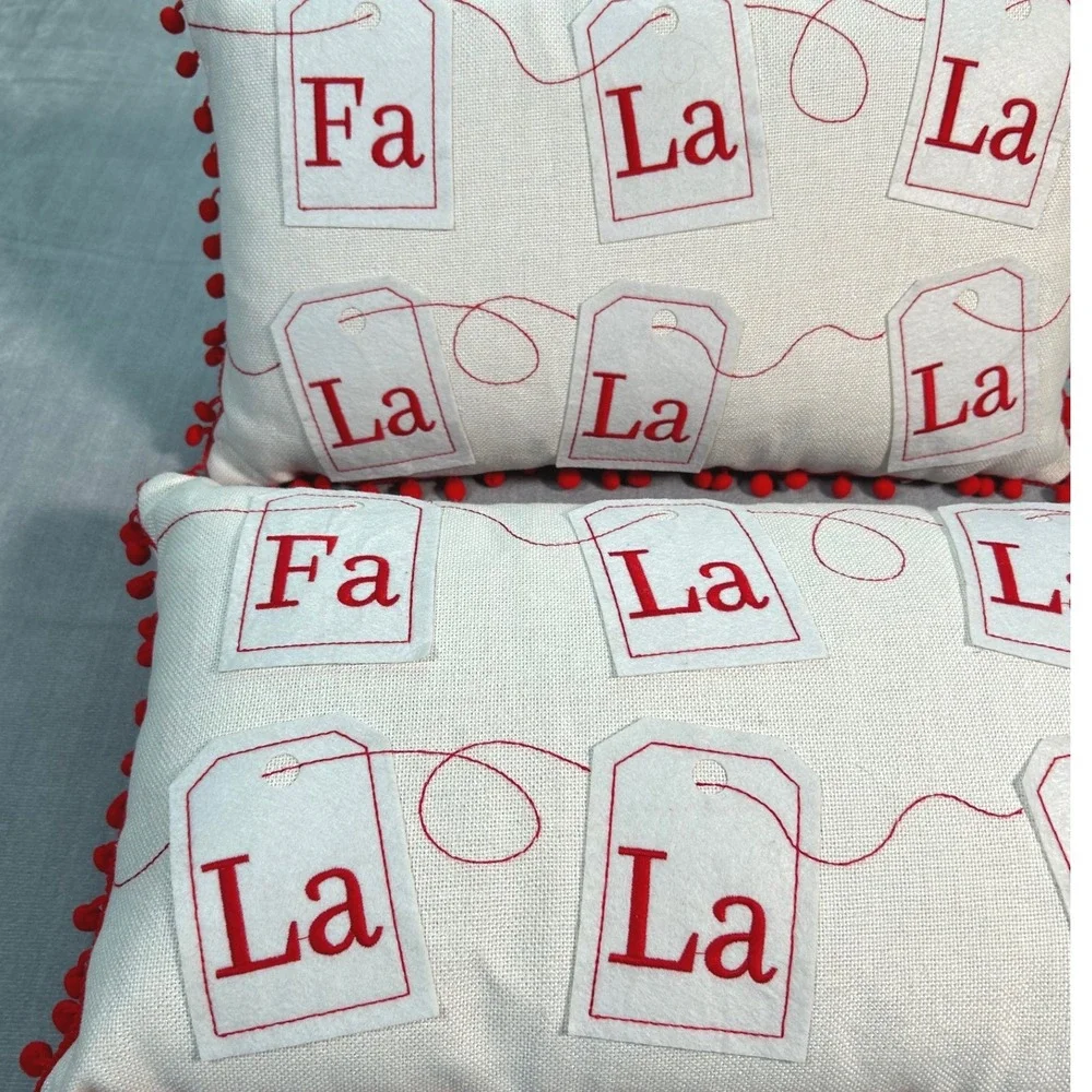 Christmas Holiday Fa La La Tea Bag Decorative Throw Pillow with Pom Poms Red Zip
